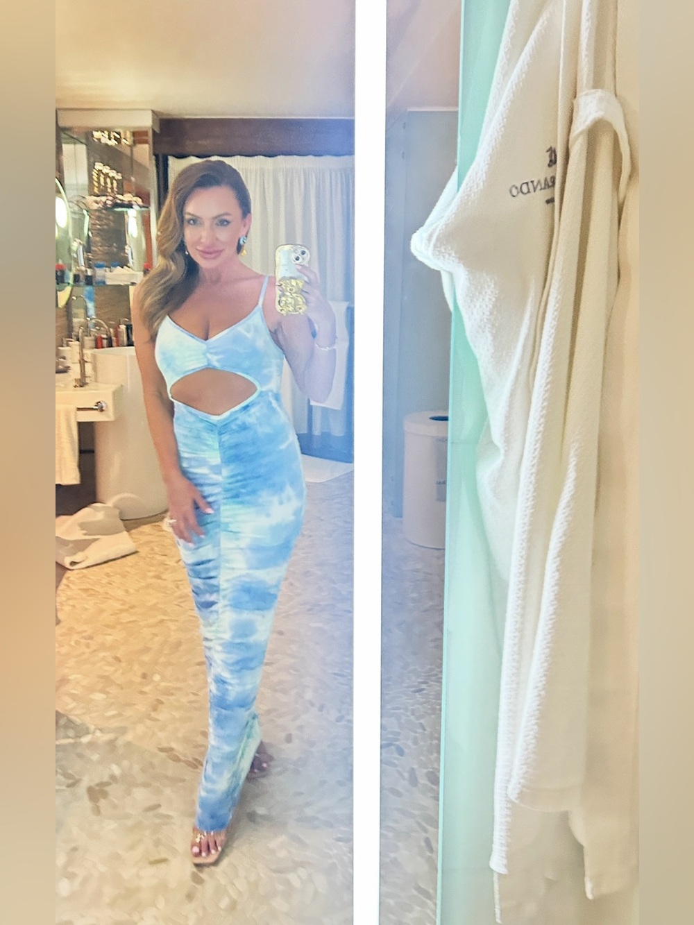 A3 Design Blue and Aqua Tie-Dye Ruched to the Floor Dress